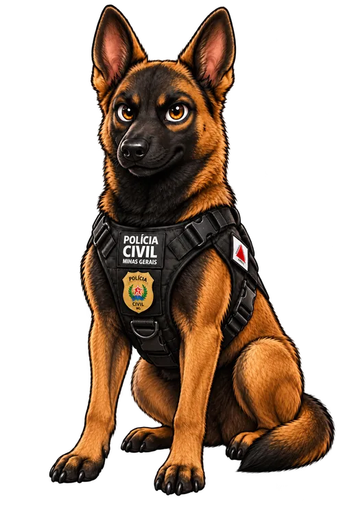 Cão policial ilustrado com colete da Polícia Civil de Minas Gerais