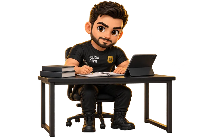 Personagem ilustrado da Polícia Civil estudando com caderno, livros e tablet
