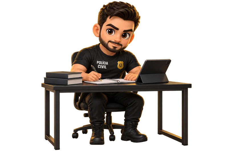 Personagem da Polícia Civil concentrado em sua missão de estudo