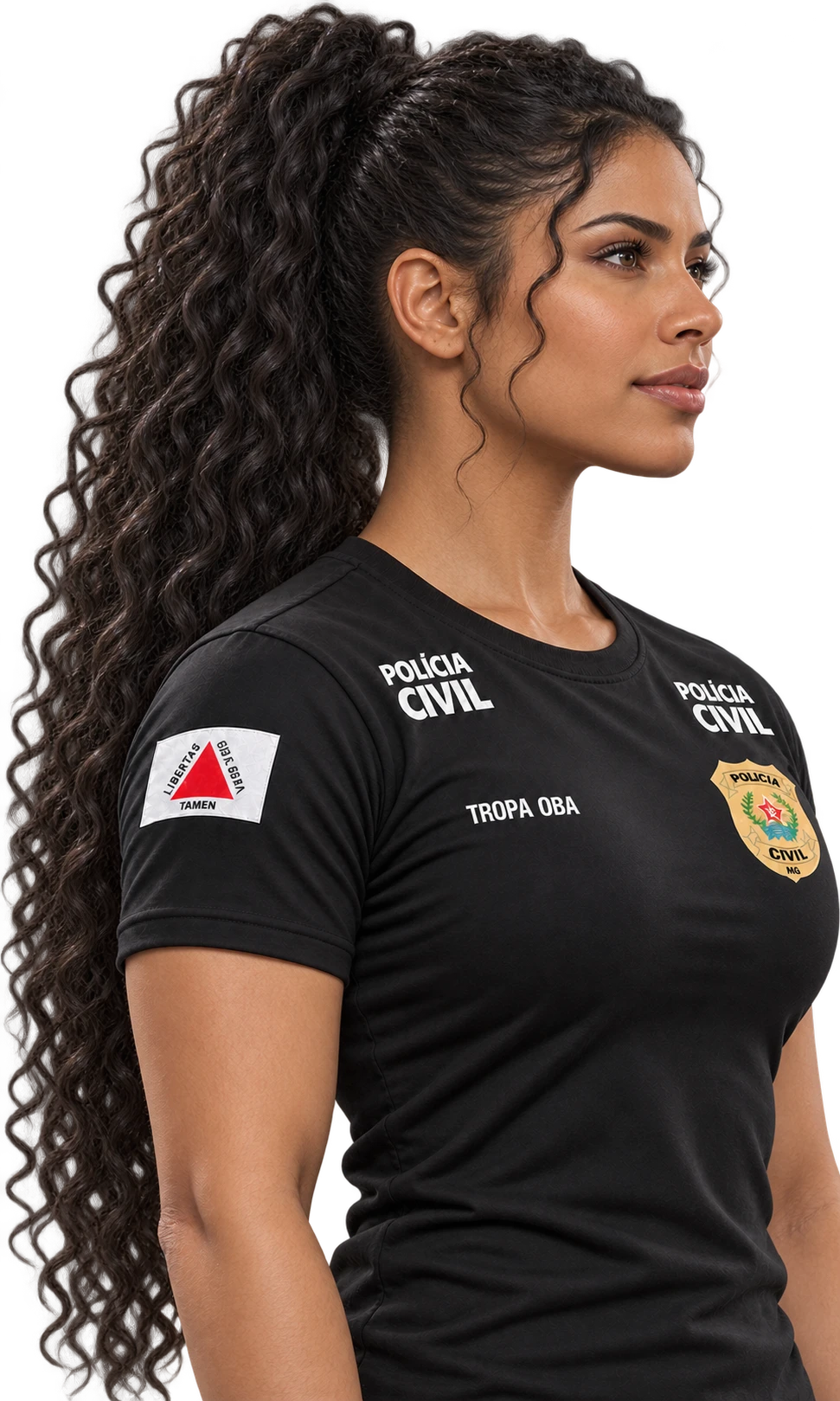 Mulher morena com cabelo cacheado preso, camiseta da Polícia Civil e brasão dourado da PCMG