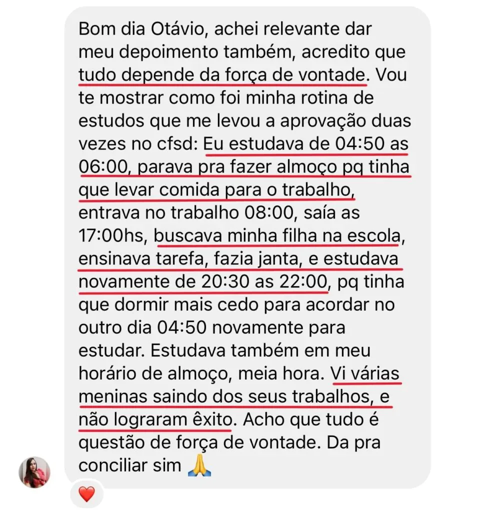 Depoimento original de Nanda publicado na página OBA PMMG sobre conciliar os estudos com a rotina